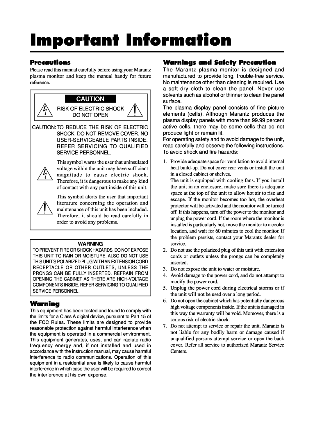 Marantz PD5020D manual Important Information, Precautions, Warnings and Safety Precaution 