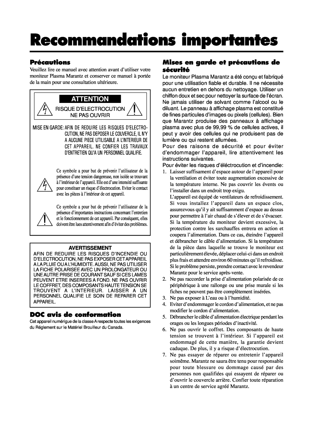 Marantz PD5020D manual Recommandations importantes, Précautions, DOC avis de conformation, Avertissement 