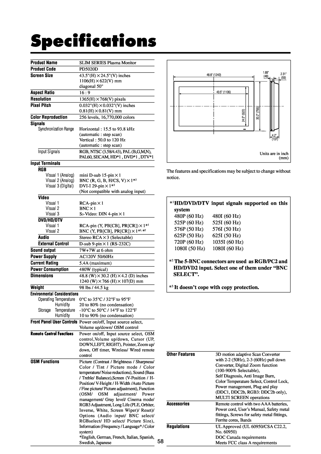 Marantz PD5020D manual Specifications 