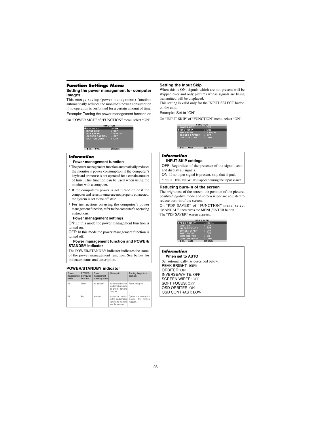 Marantz PD5050D manual Function Settings Menu, Setting the power management for computer images, POWER/STANDBY indicator 