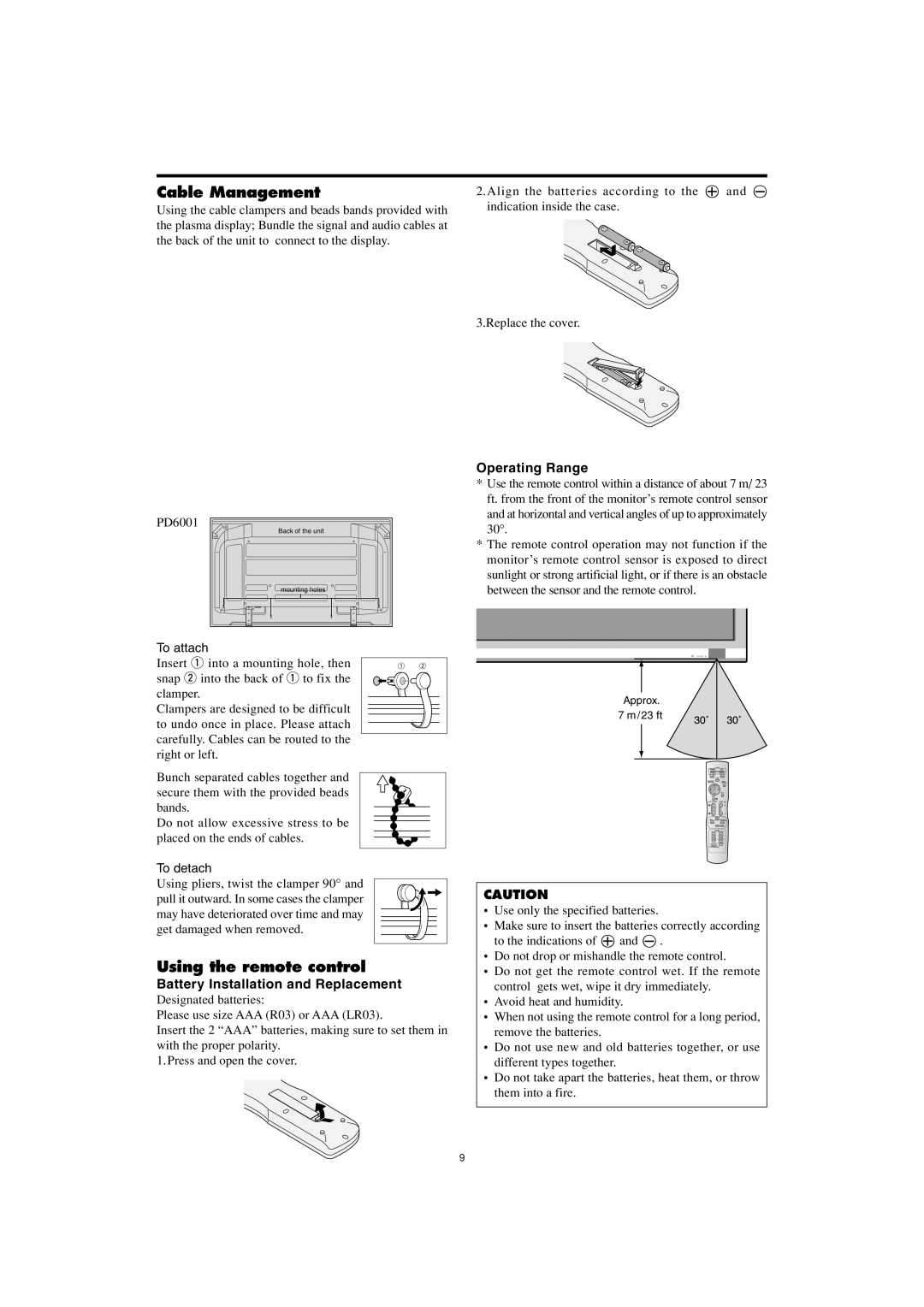 Marantz PD6001 manual Cable Management, Using the remote control, Battery Installation and Replacement, Operating Range 