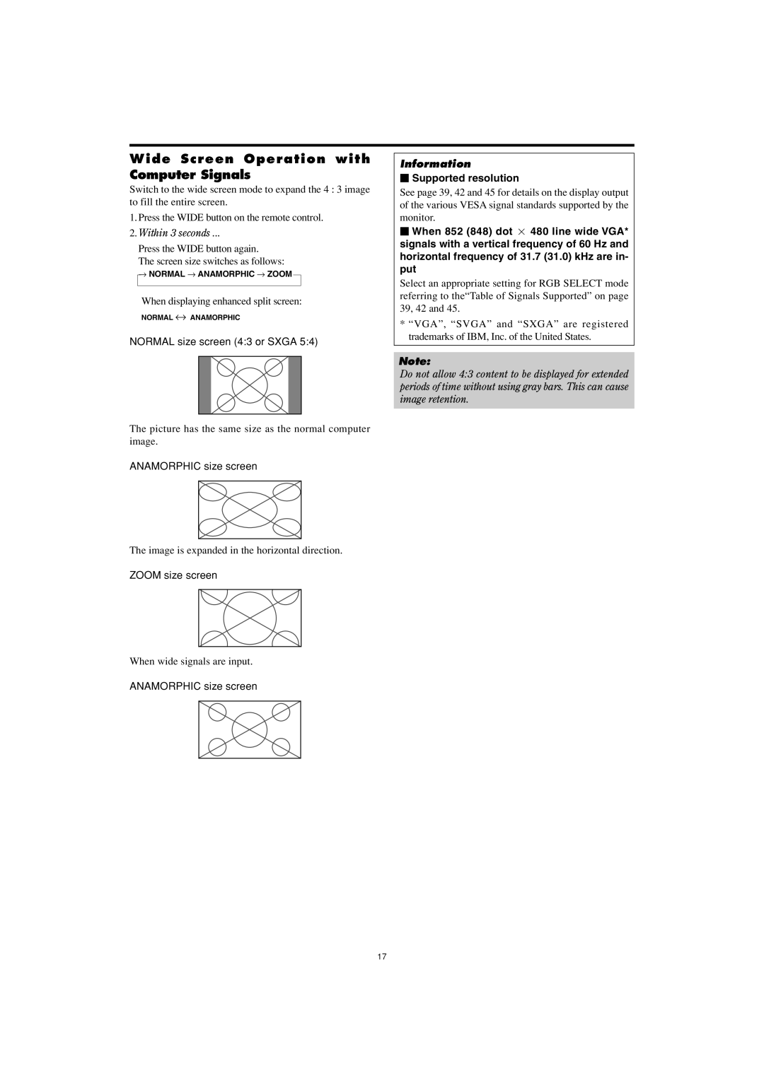 Marantz PD6001 Wide Screen Operation with Computer Signals, Normal size screen 43 or Sxga, When wide signals are input 