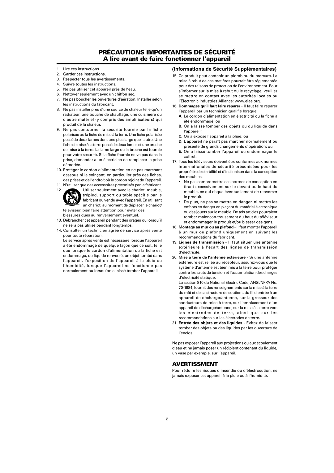 Marantz PD6001 manual Avertissment, Informations de Sécurité Supplémentaires 