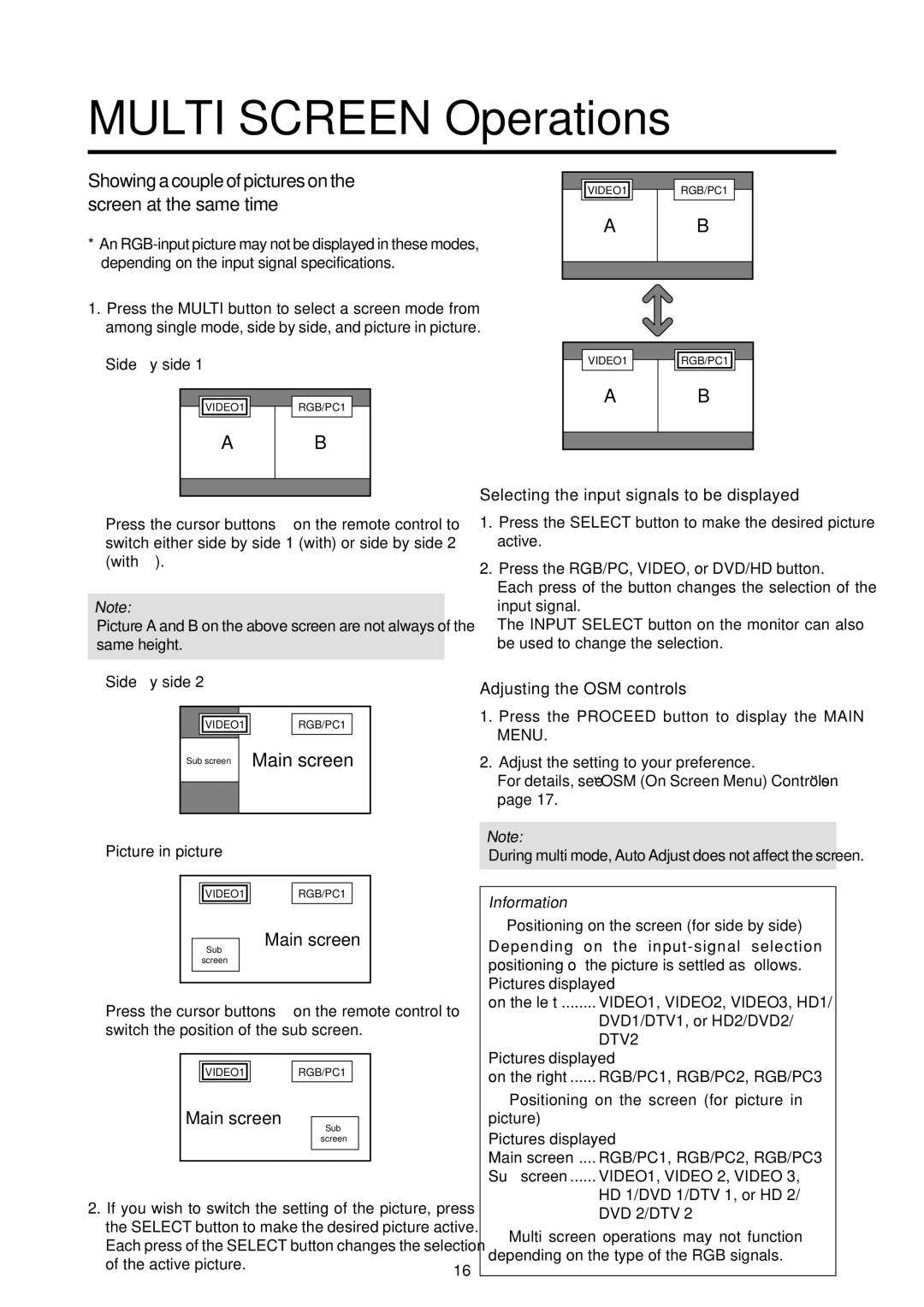 Marantz PD6120D manual Multi Screen Operations, Showing a couple of pictures on the screen at the same time 