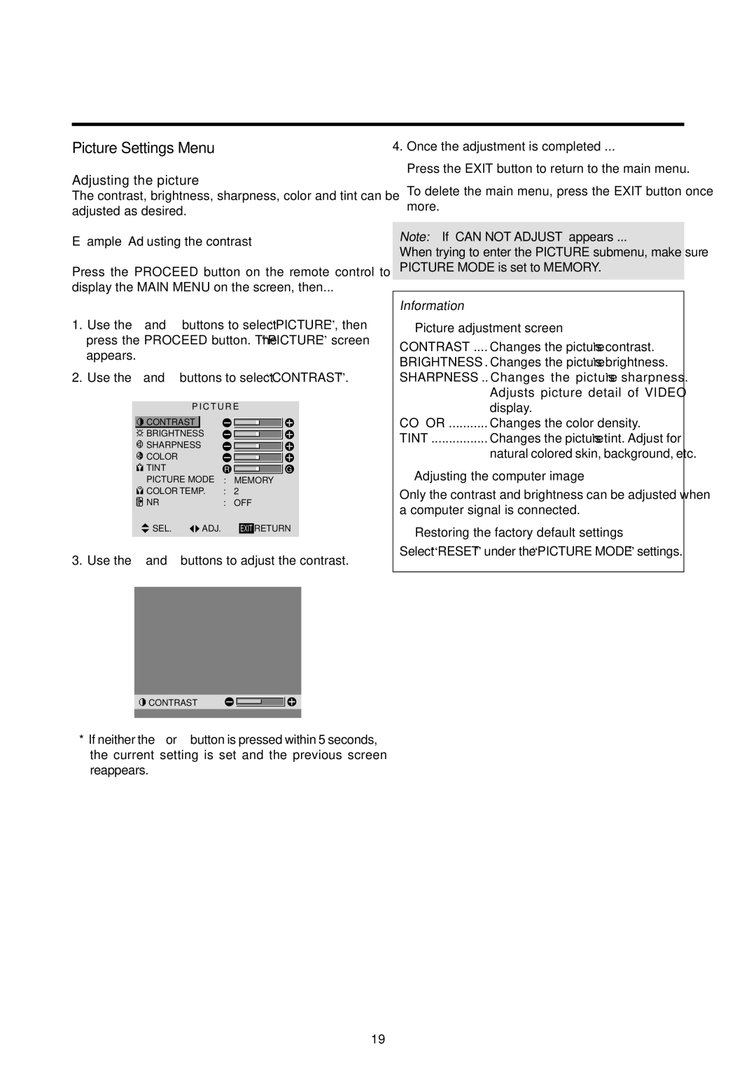 Marantz PD6120D Picture Settings Menu, Adjusting the picture,  Picture adjustment screen,  Adjusting the computer image 