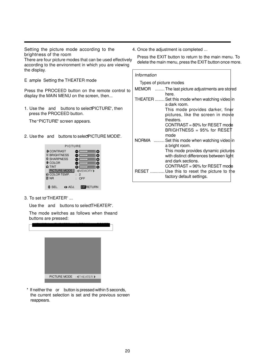 Marantz PD6120D manual Example Setting the Theater mode,  Types of picture modes 