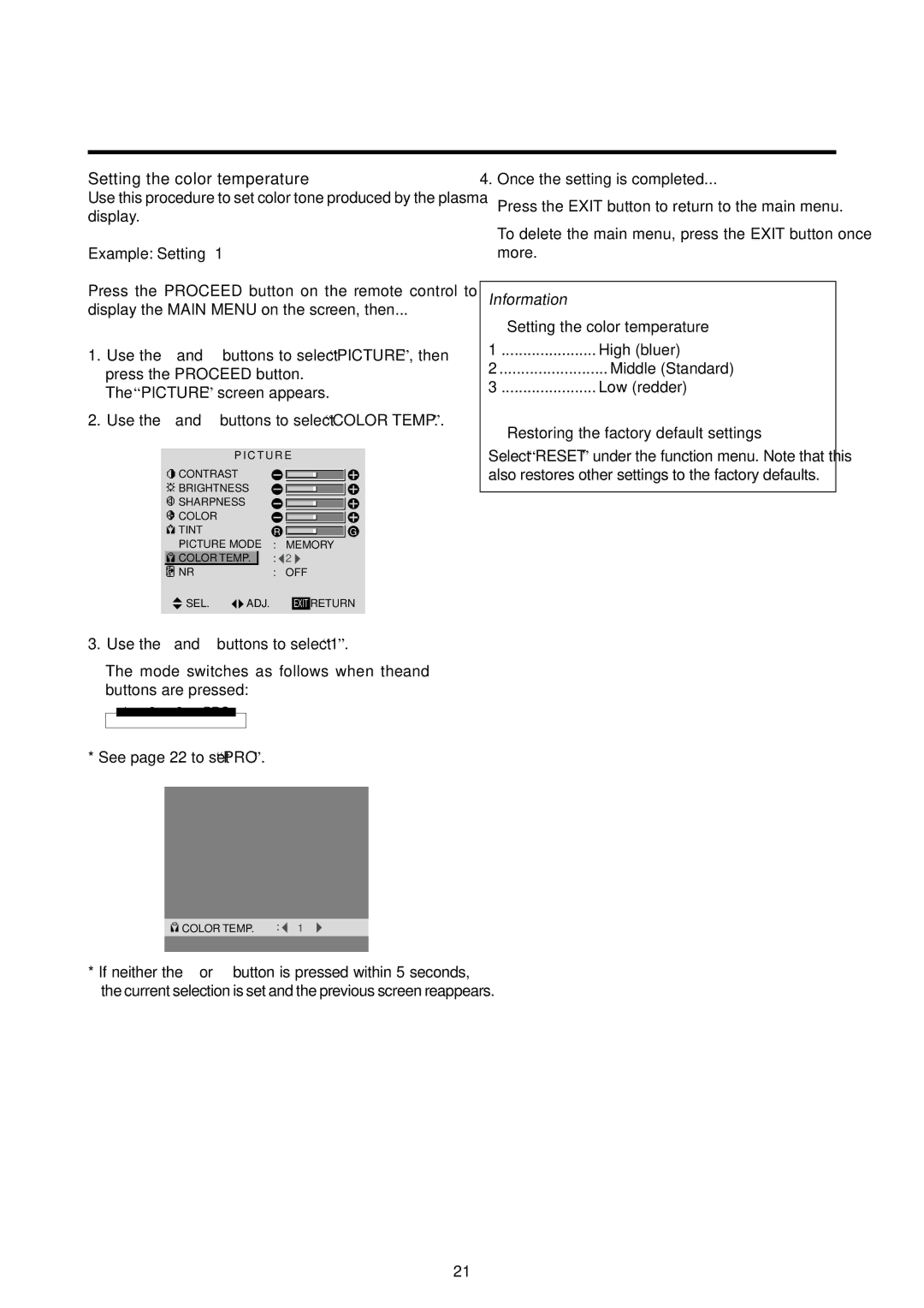 Marantz PD6120D manual Setting the color temperature, Example Setting, Once the setting is completed 