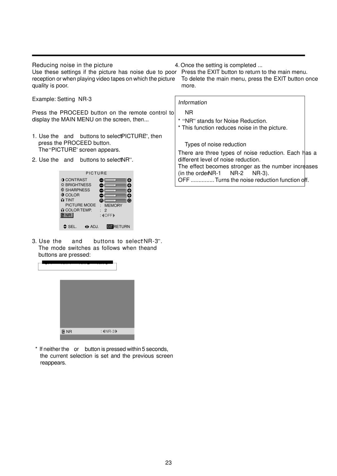 Marantz PD6120D manual Reducing noise in the picture, Example Setting NR-3,  Nr,  Types of noise reduction 