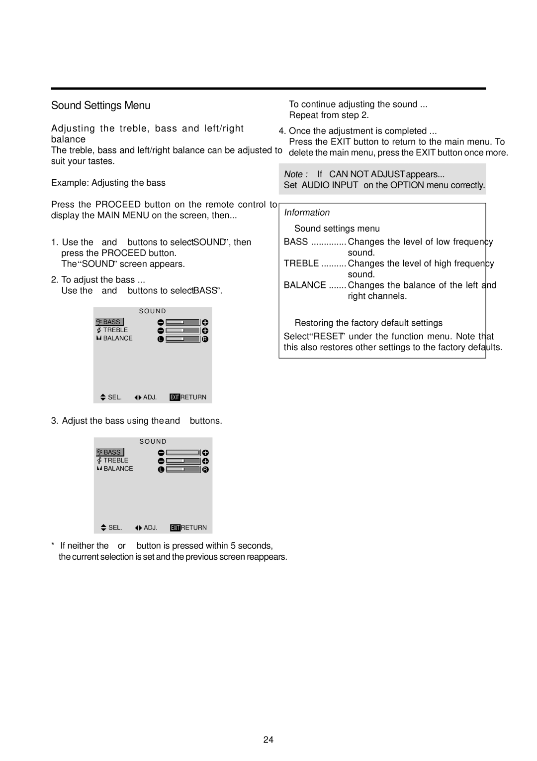 Marantz PD6120D manual Sound Settings Menu, Adjusting the treble, bass and left/right balance, Example Adjusting the bass 