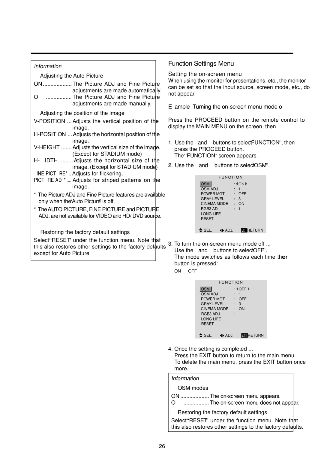 Marantz PD6120D manual Function Settings Menu, Setting the on-screen menu 