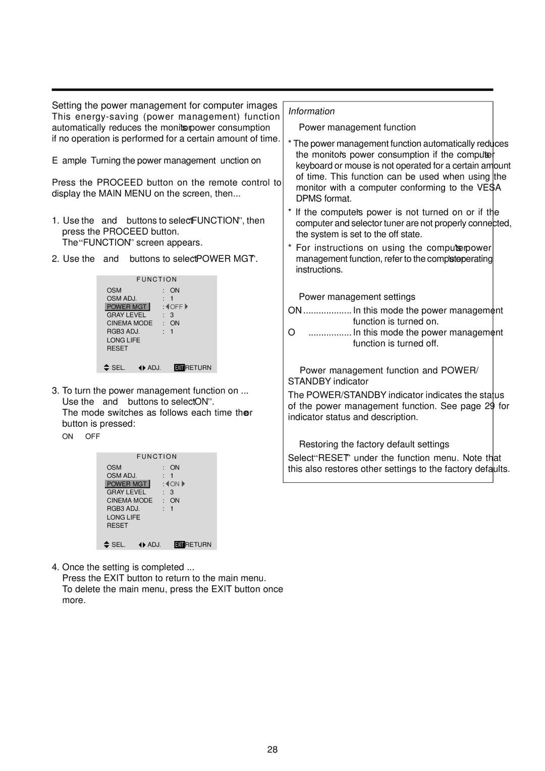 Marantz PD6120D manual Setting the power management for computer images, Example Turning the power management function on 