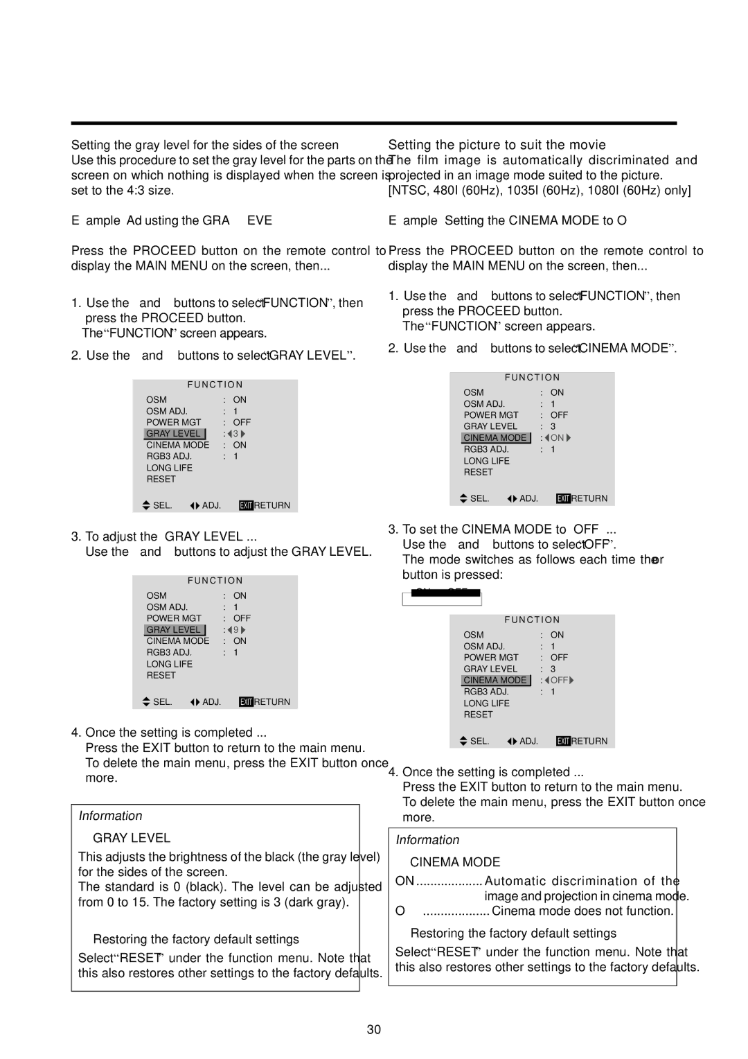 Marantz PD6120D manual Setting the picture to suit the movie, Example Adjusting the Gray Level, Cinema Mode 