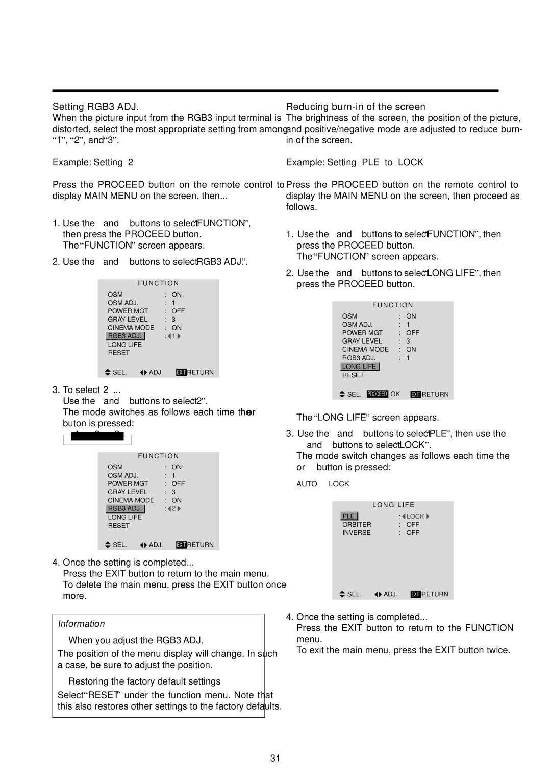 Marantz PD6120D manual Setting RGB3 ADJ, Reducing burn-in of the screen, Example Setting PLE to Lock, To select 