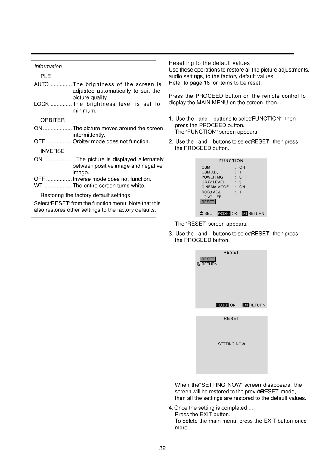 Marantz PD6120D manual Resetting to the default values, Ple, Orbiter, Inverse 