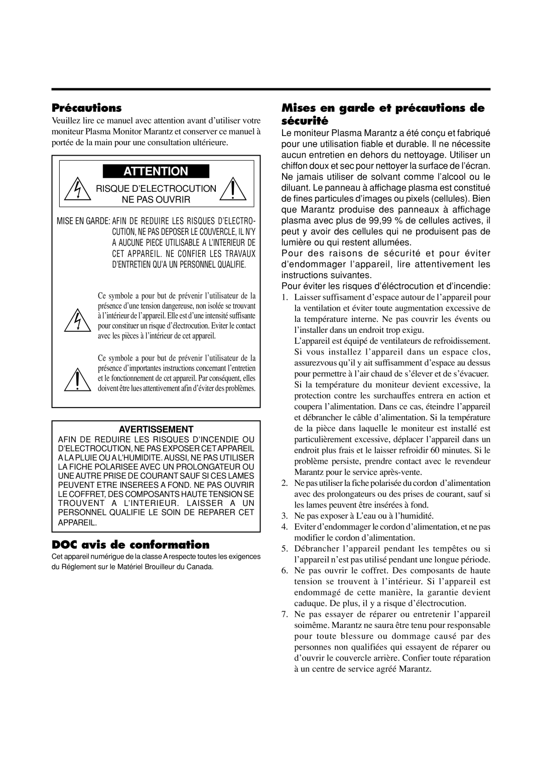 Marantz PD6120D manual Précautions, DOC avis de conformation, Mises en garde et précautions de sécurité, Avertissement 