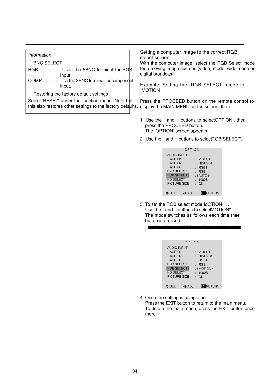 Marantz PD6120D manual Setting a computer image to the correct RGB select screen, BNC Select 