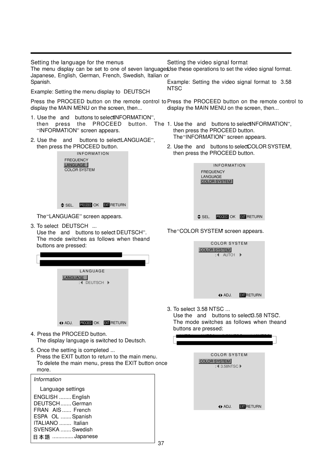 Marantz PD6120D manual Setting the language for the menus, Setting the video signal format, Language settings 