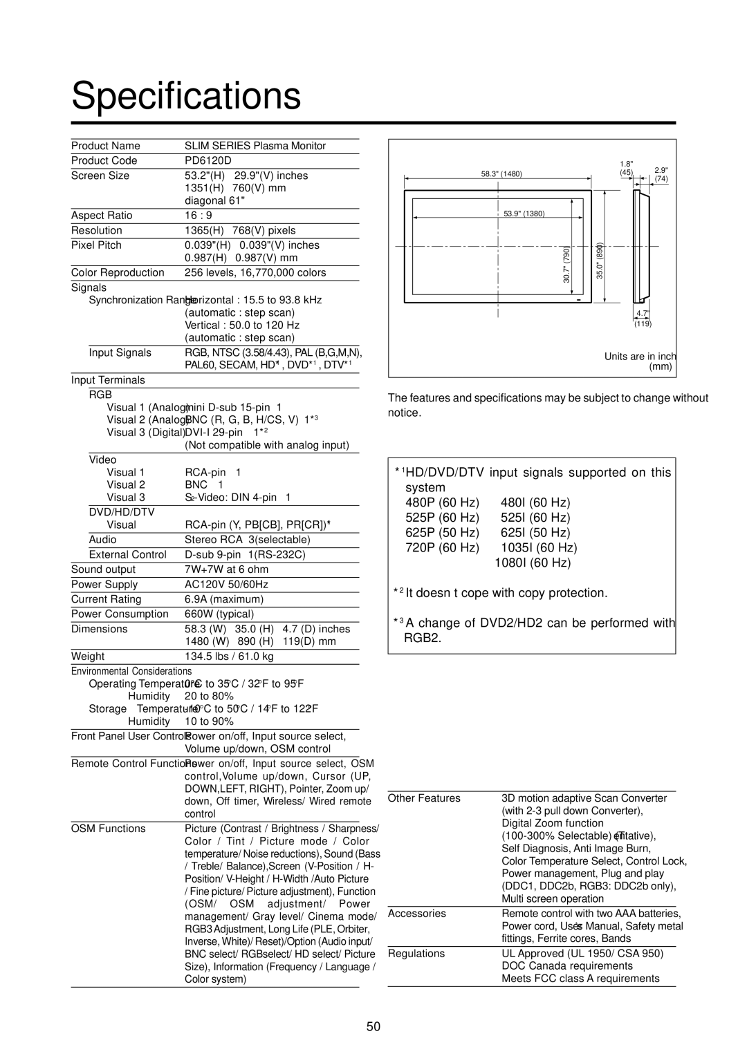 Marantz PD6120D manual Specifications, Signals 