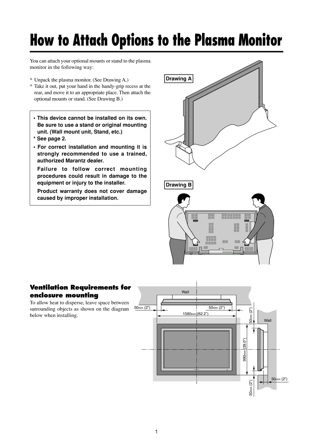 Marantz PD6120D manual How to Attach Options to the Plasma Monitor, Ventilation Requirements for enclosure mounting 