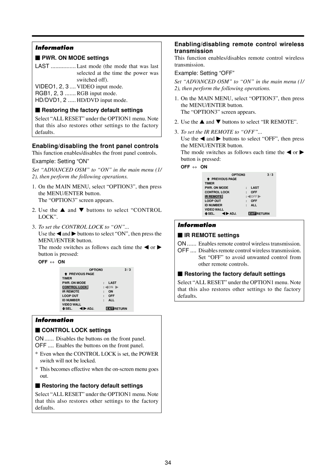 Marantz PD6140D manual Enabling/disabling the front panel controls, Enabling/disabling remote control wireless transmission 