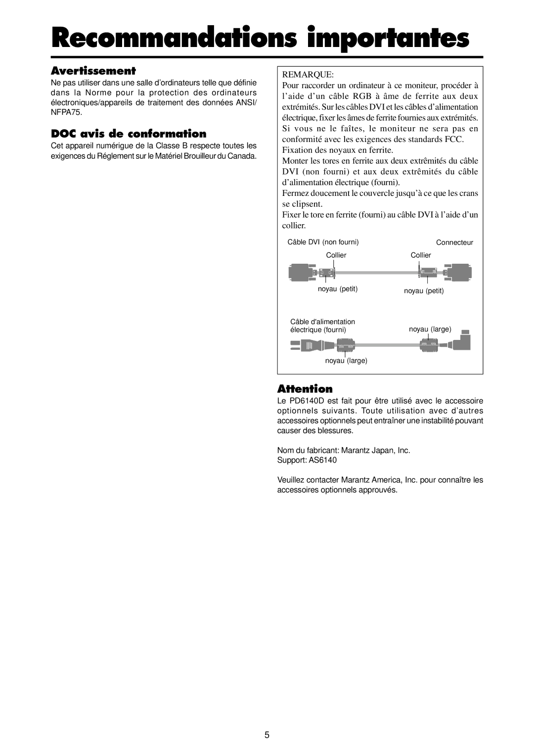 Marantz PD6140D manual Avertissement, DOC avis de conformation, Remarque 