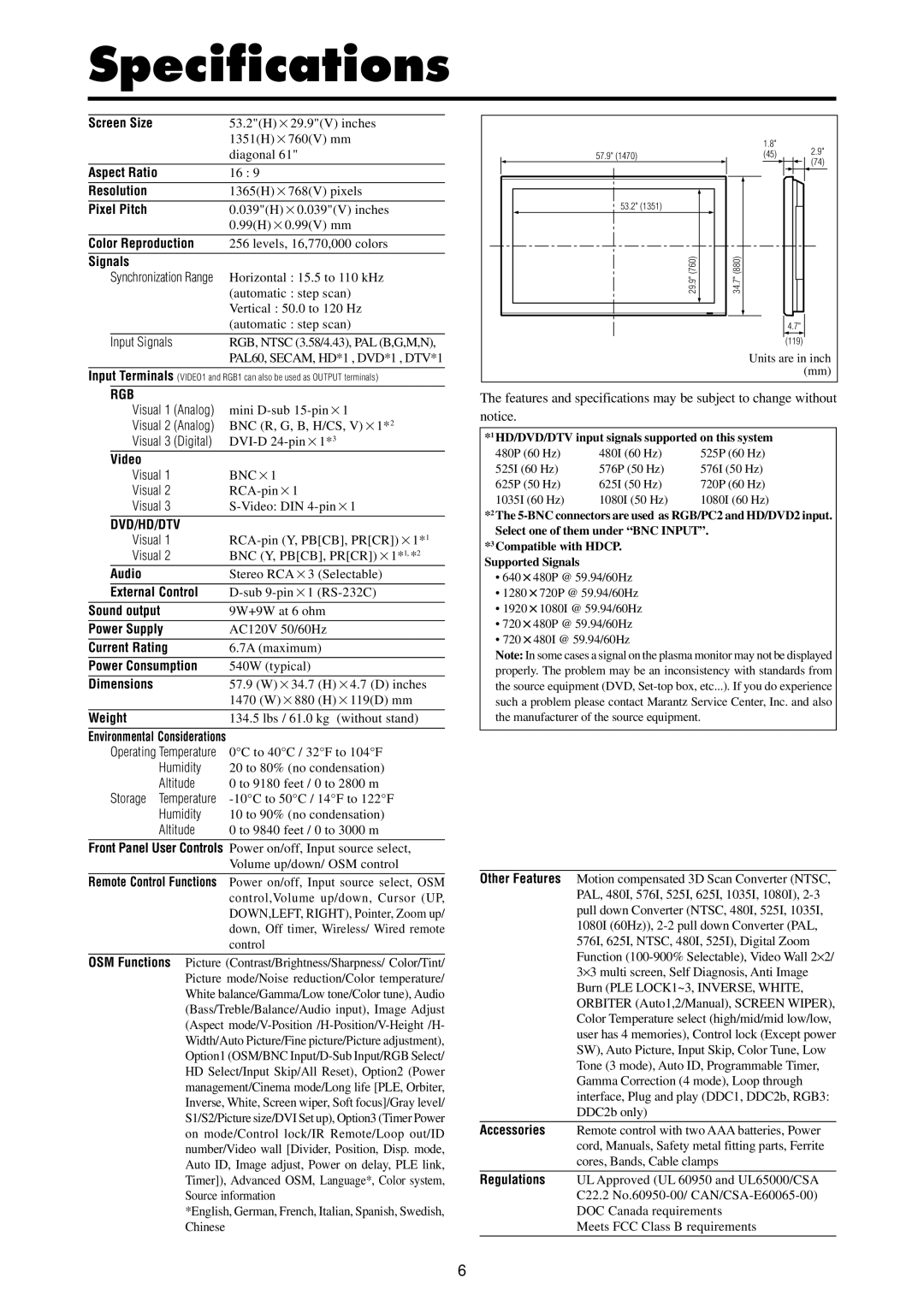 Marantz PD6140D manual Specifications, Rgb, Dvd/Hd/Dtv 