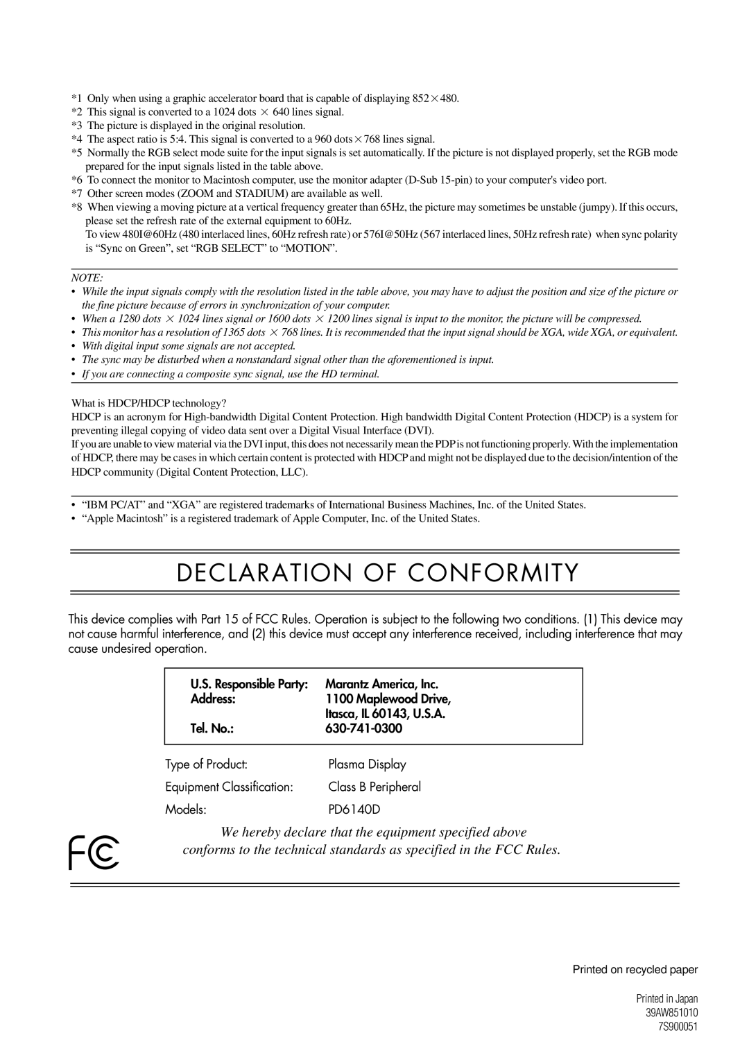 Marantz PD6140D manual Declaration of Conformity 