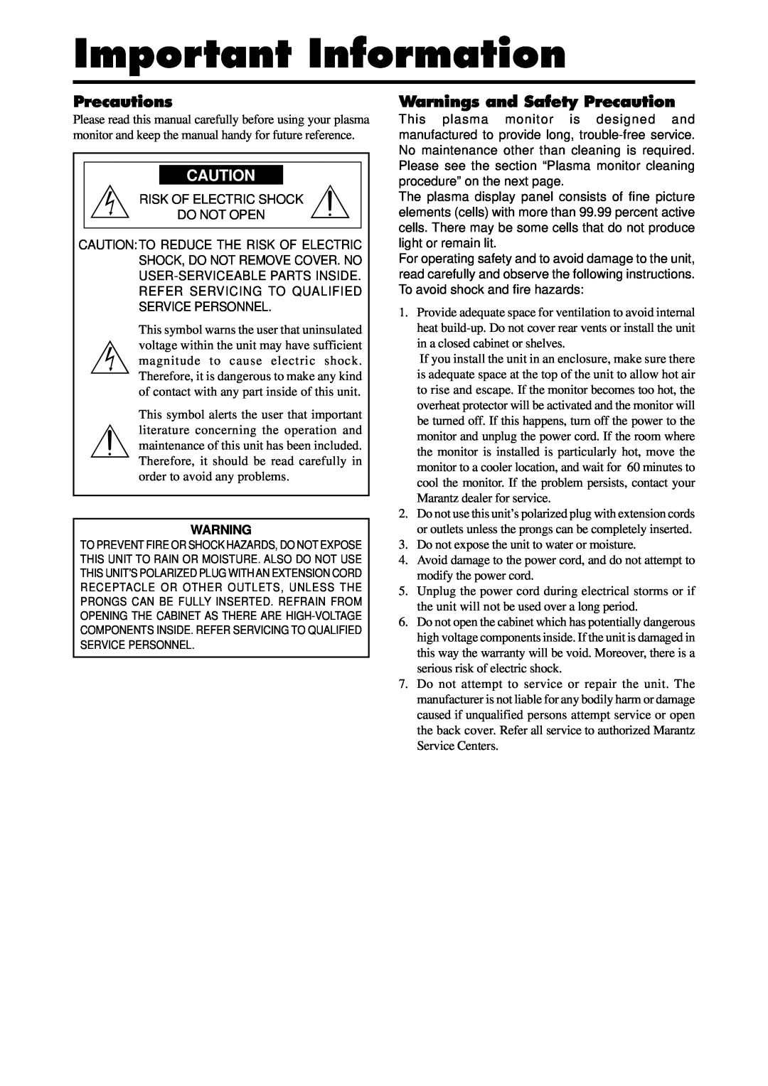 Marantz PD6140D manual Important Information, Precautions, Warnings and Safety Precaution 