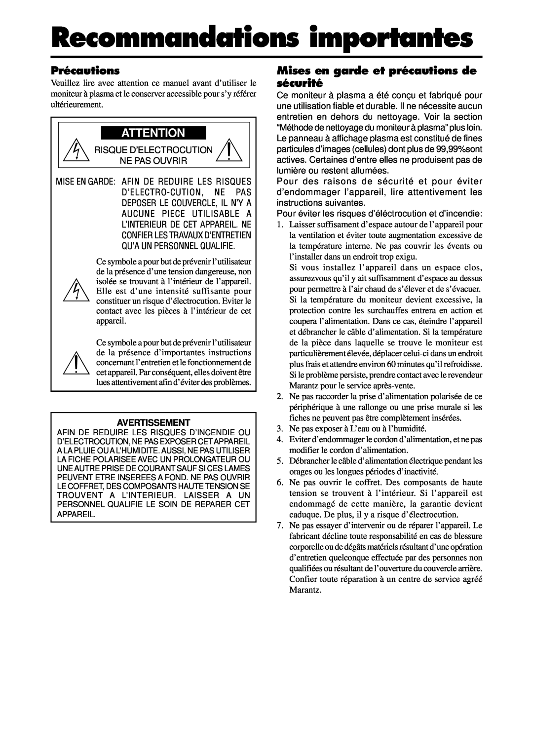 Marantz PD6140D manual Recommandations importantes, Précautions, Mises en garde et précautions de sécurité, Avertissement 