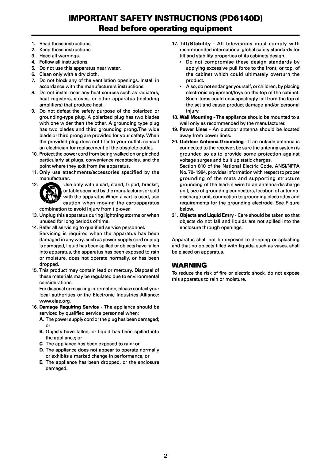 Marantz manual IMPORTANT SAFETY INSTRUCTIONS PD6140D Read before operating equipment 