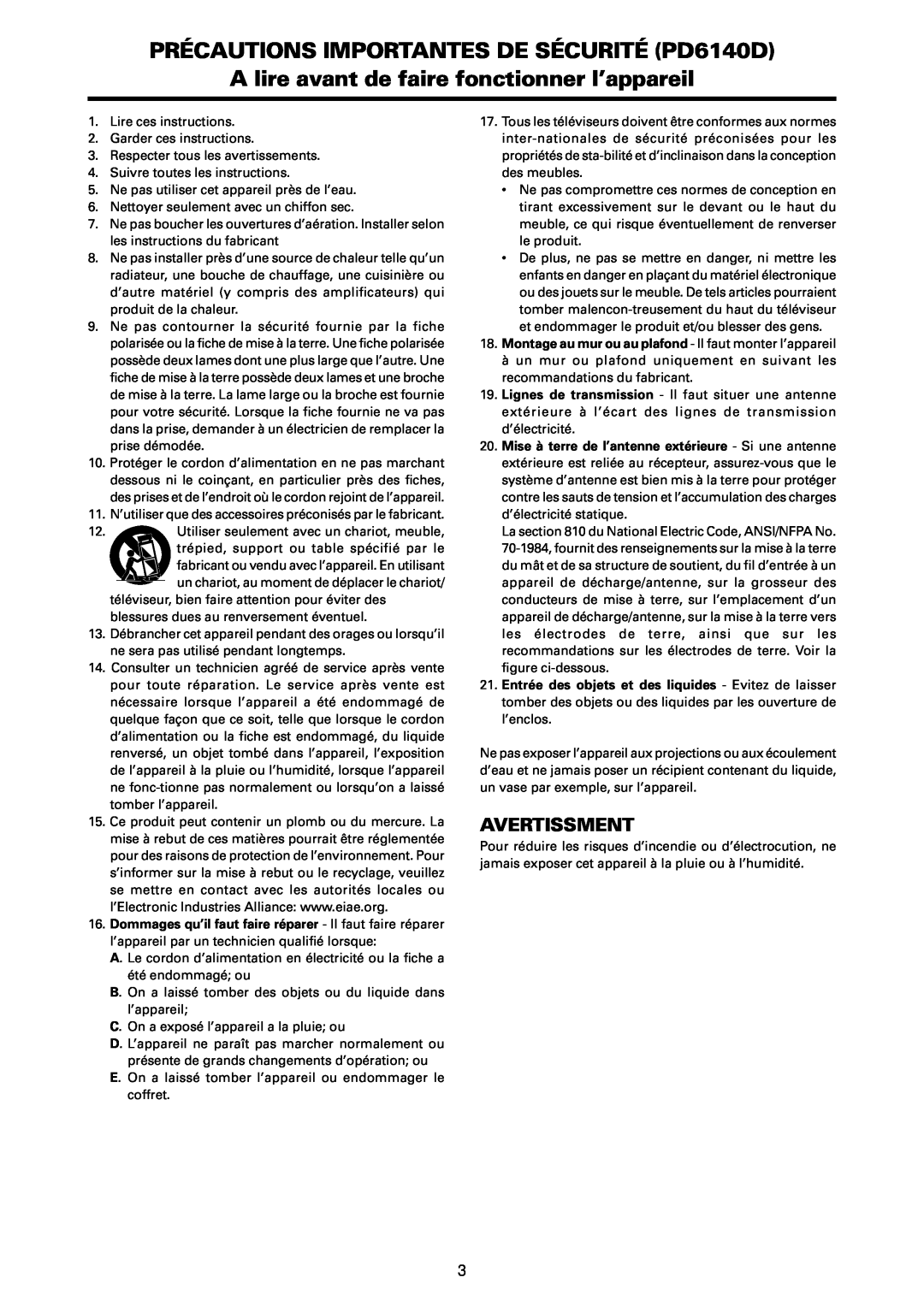 Marantz manual PRÉCAUTIONS IMPORTANTES DE SÉCURITÉ PD6140D, A lire avant de faire fonctionner l’appareil, Avertissment 