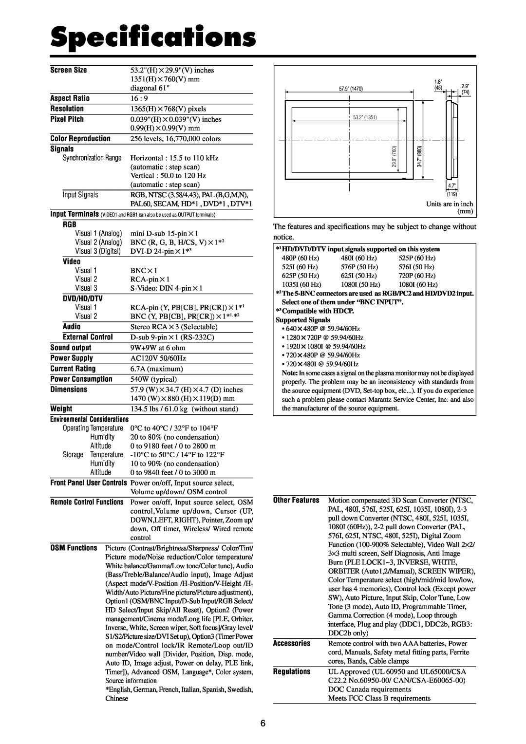 Marantz PD6140D Specifications, Screen Size, Aspect Ratio, Resolution, Pixel Pitch, Color Reproduction, Signals, Video 