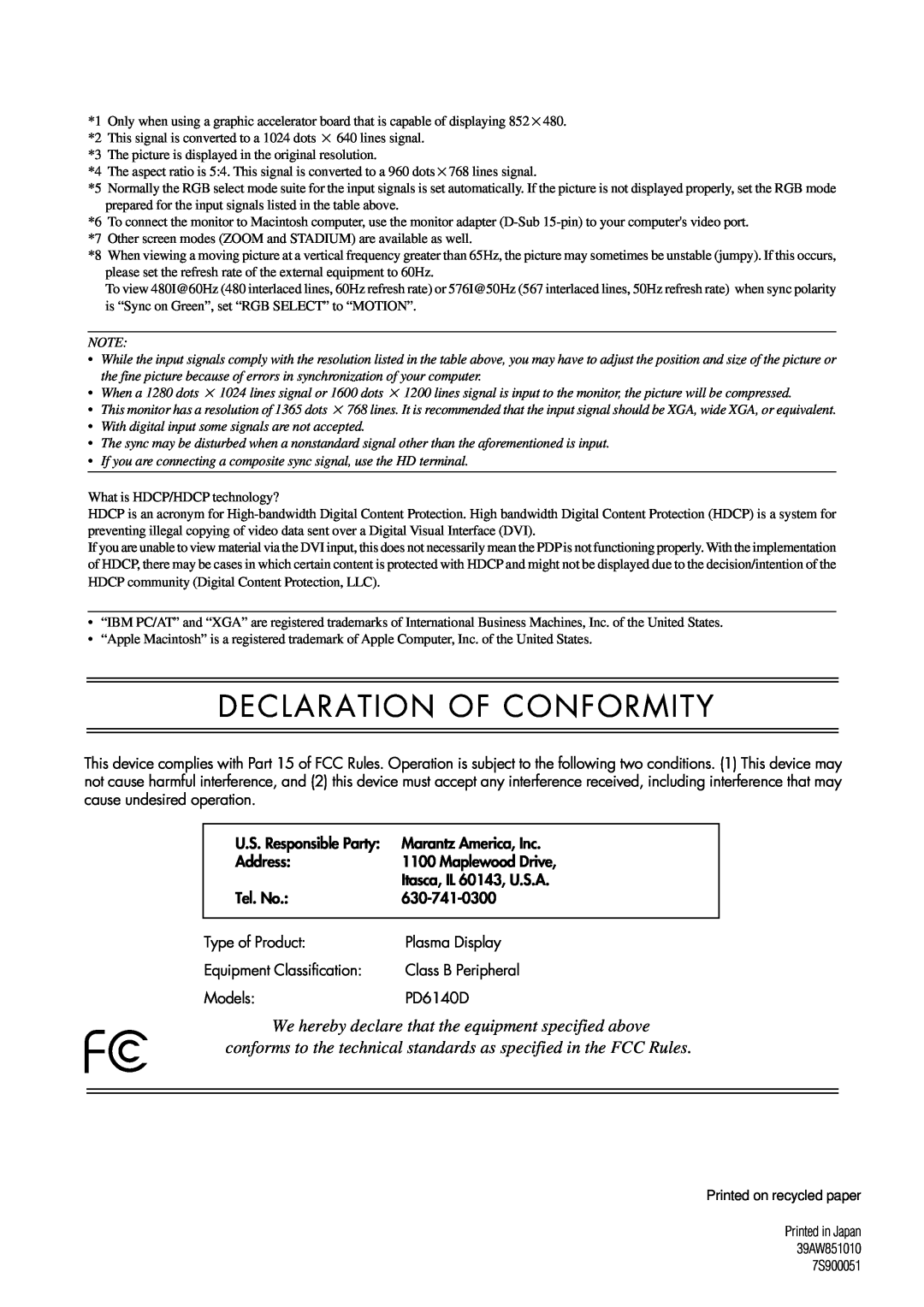 Marantz PD6140D manual Declaration Of Conformity 