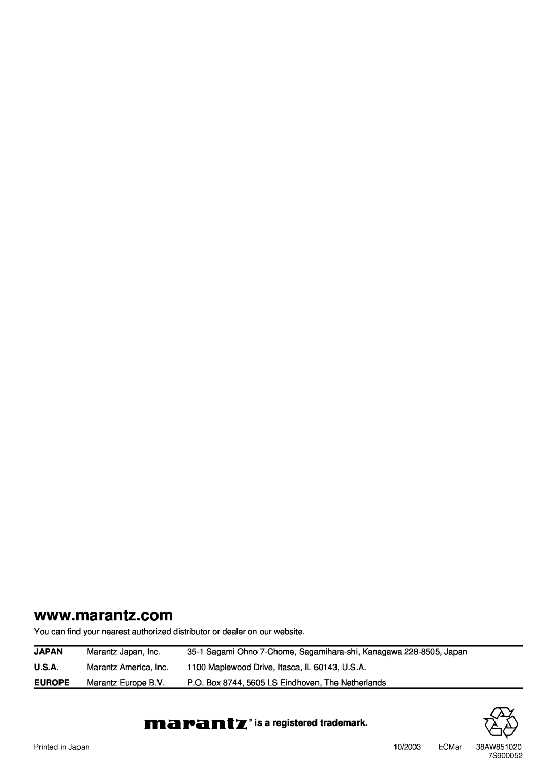 Marantz PD6140D manual is a registered trademark, Japan, U.S.A, Europe 