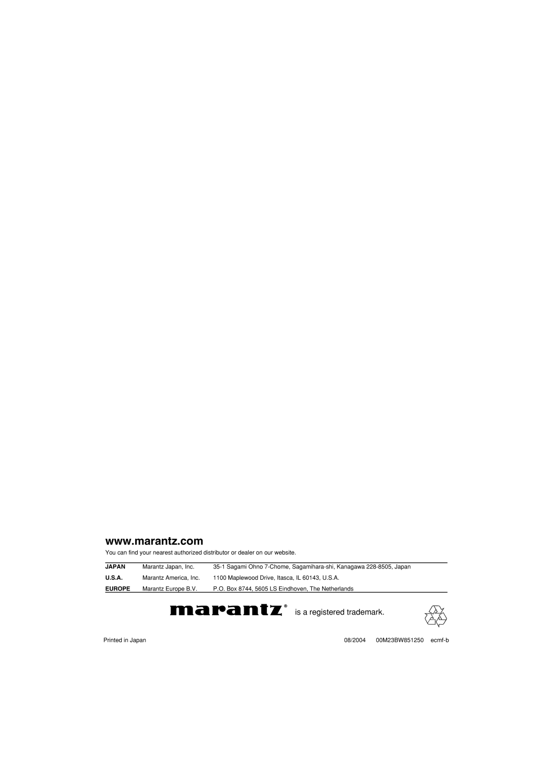 Marantz PD6150D manual is a registered trademark, Japan, U.S.A, Europe 