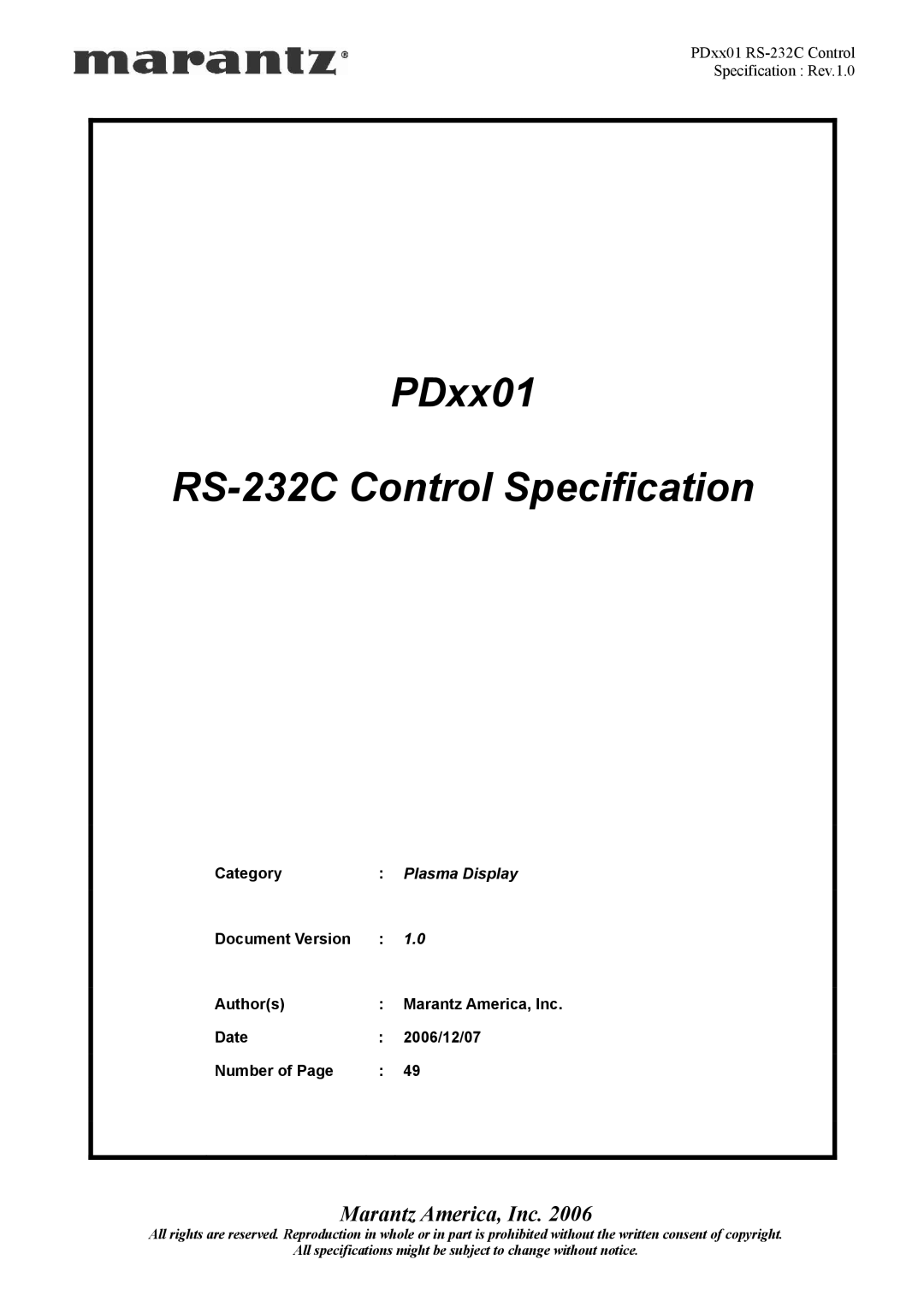 Marantz specifications PDxx01 RS-232C Control Specification 