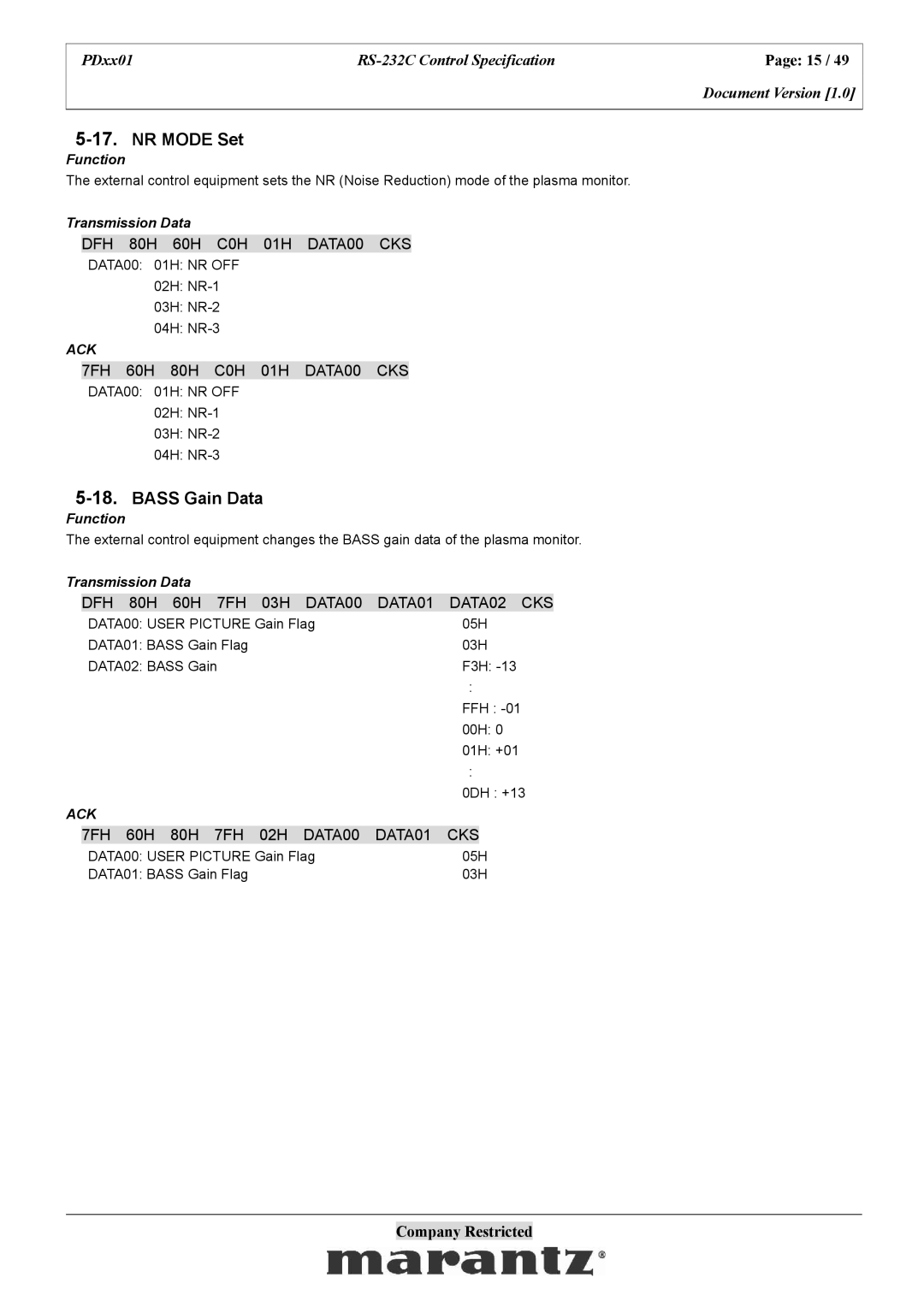 Marantz PDxx01 specifications NR Mode Set, Bass Gain Data, DFH 80H 60H C0H 01H DATA00 CKS, 7FH 60H 80H C0H 01H DATA00 CKS 