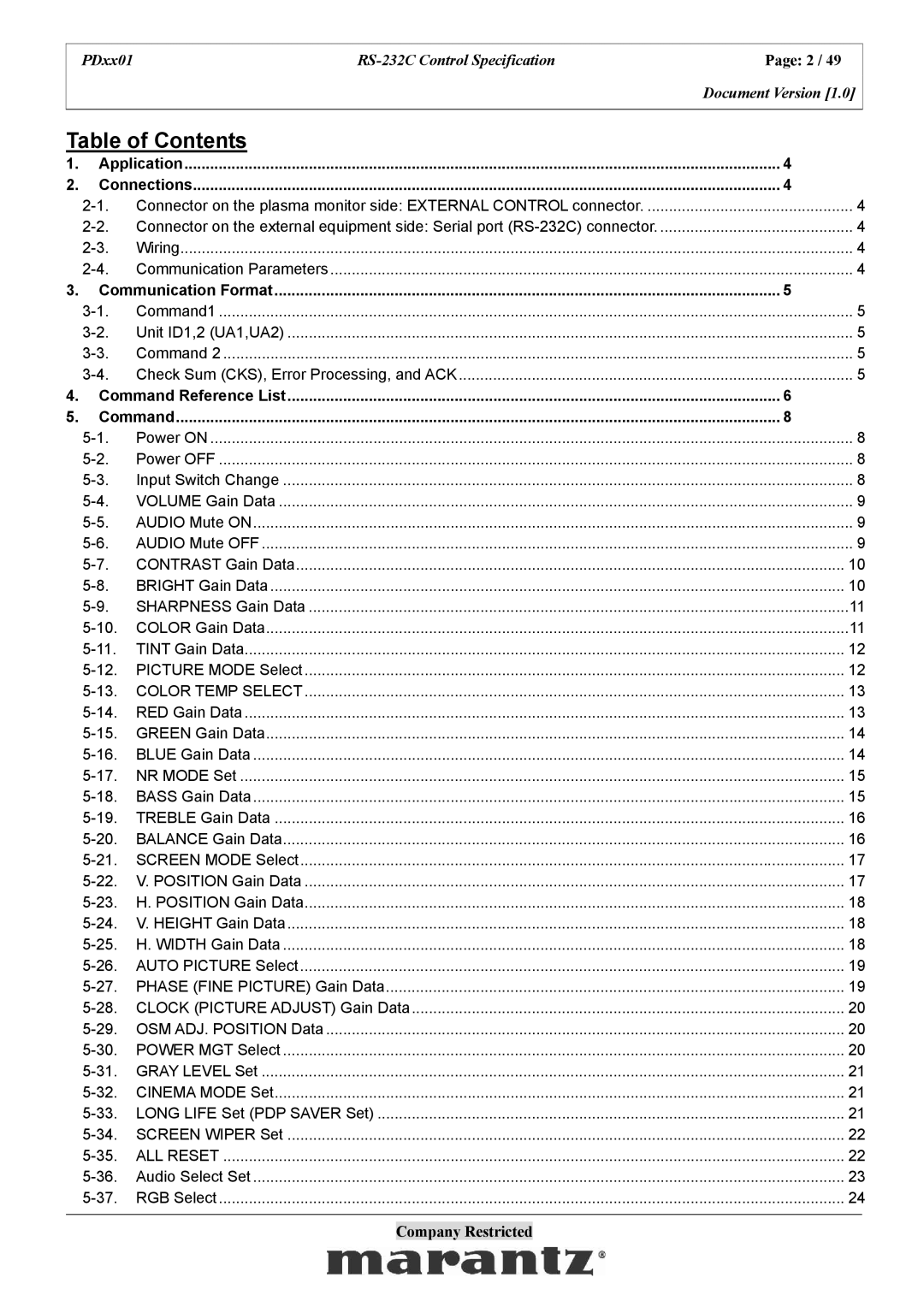 Marantz PDxx01 specifications Table of Contents 