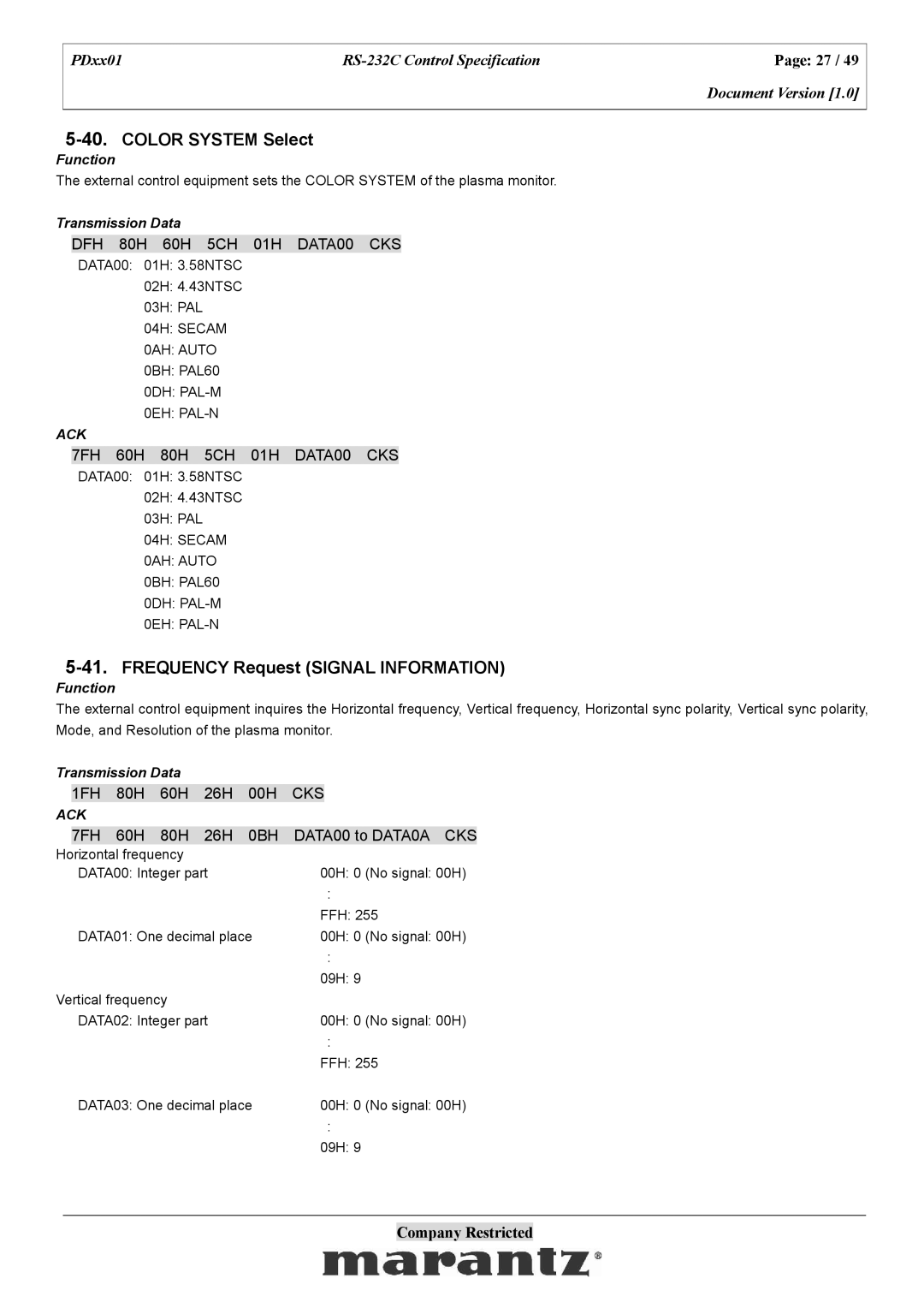 Marantz PDxx01 specifications Color System Select, Frequency Request Signal Information 