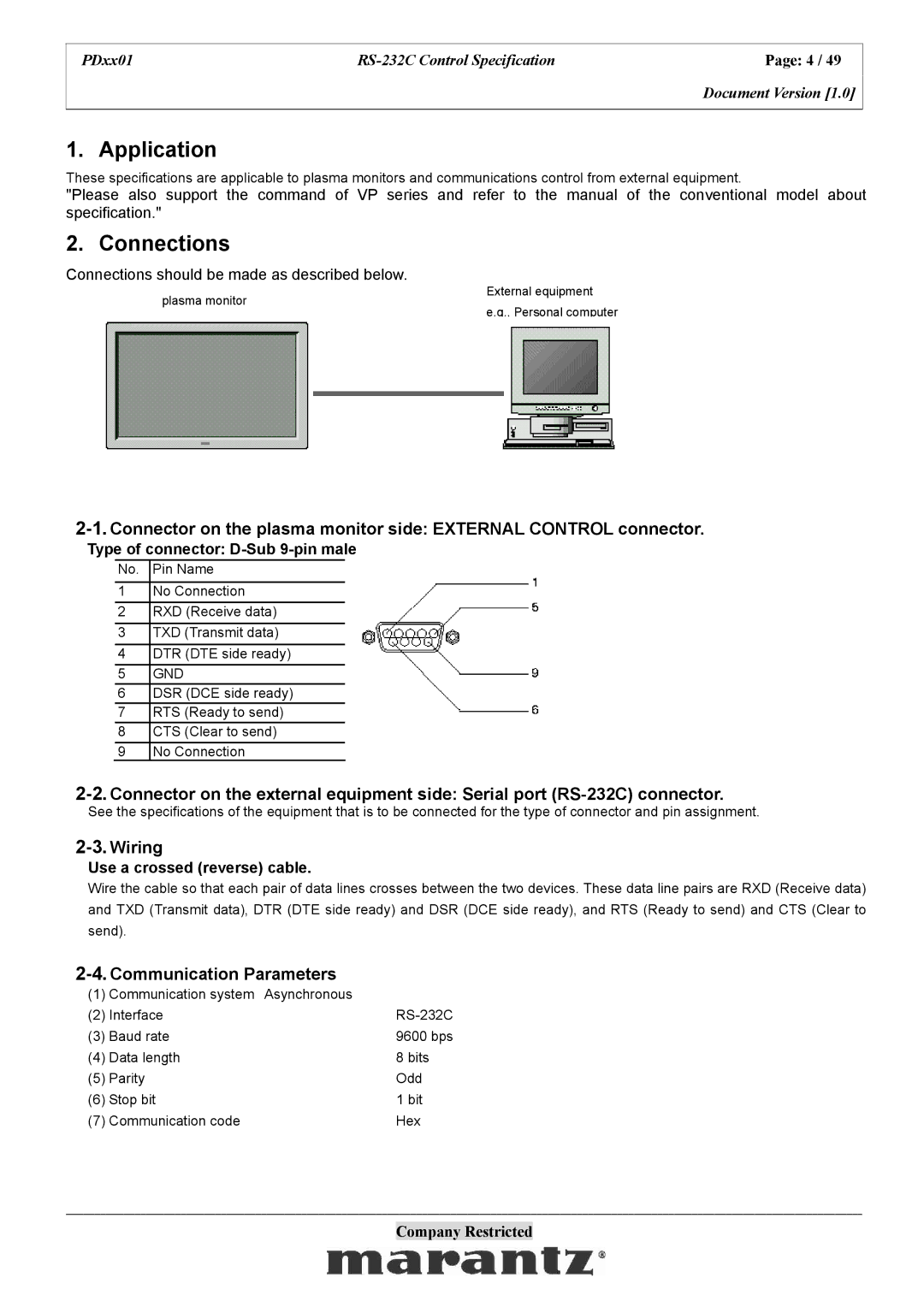 Marantz PDxx01 specifications Wiring, Communication Parameters, Connections should be made as described below 