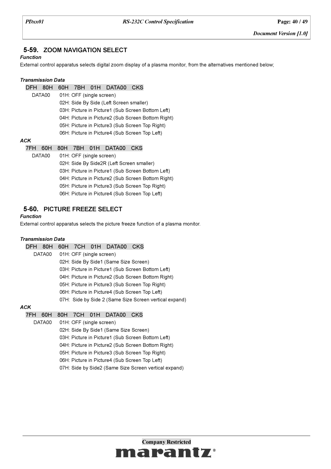 Marantz PDxx01 specifications Zoom Navigation Select, Picture Freeze Select, DFH 80H 60H 7BH 01H DATA00 CKS 