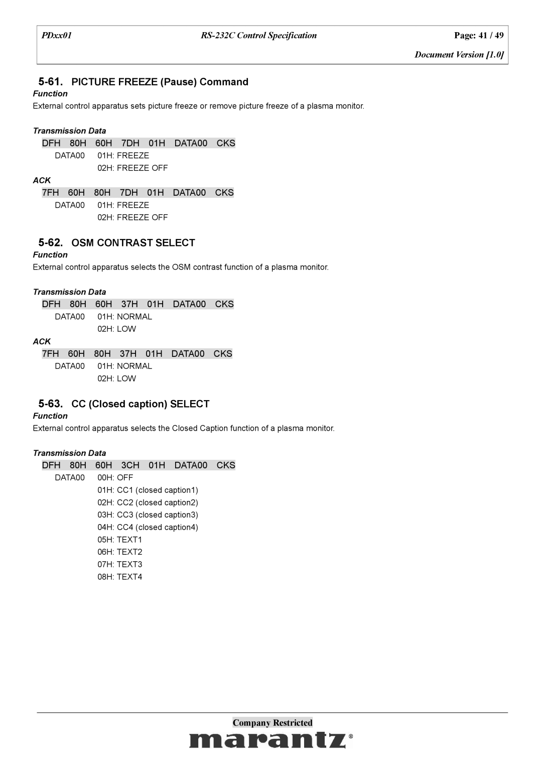 Marantz PDxx01 specifications Picture Freeze Pause Command, OSM Contrast Select, CC Closed caption Select 