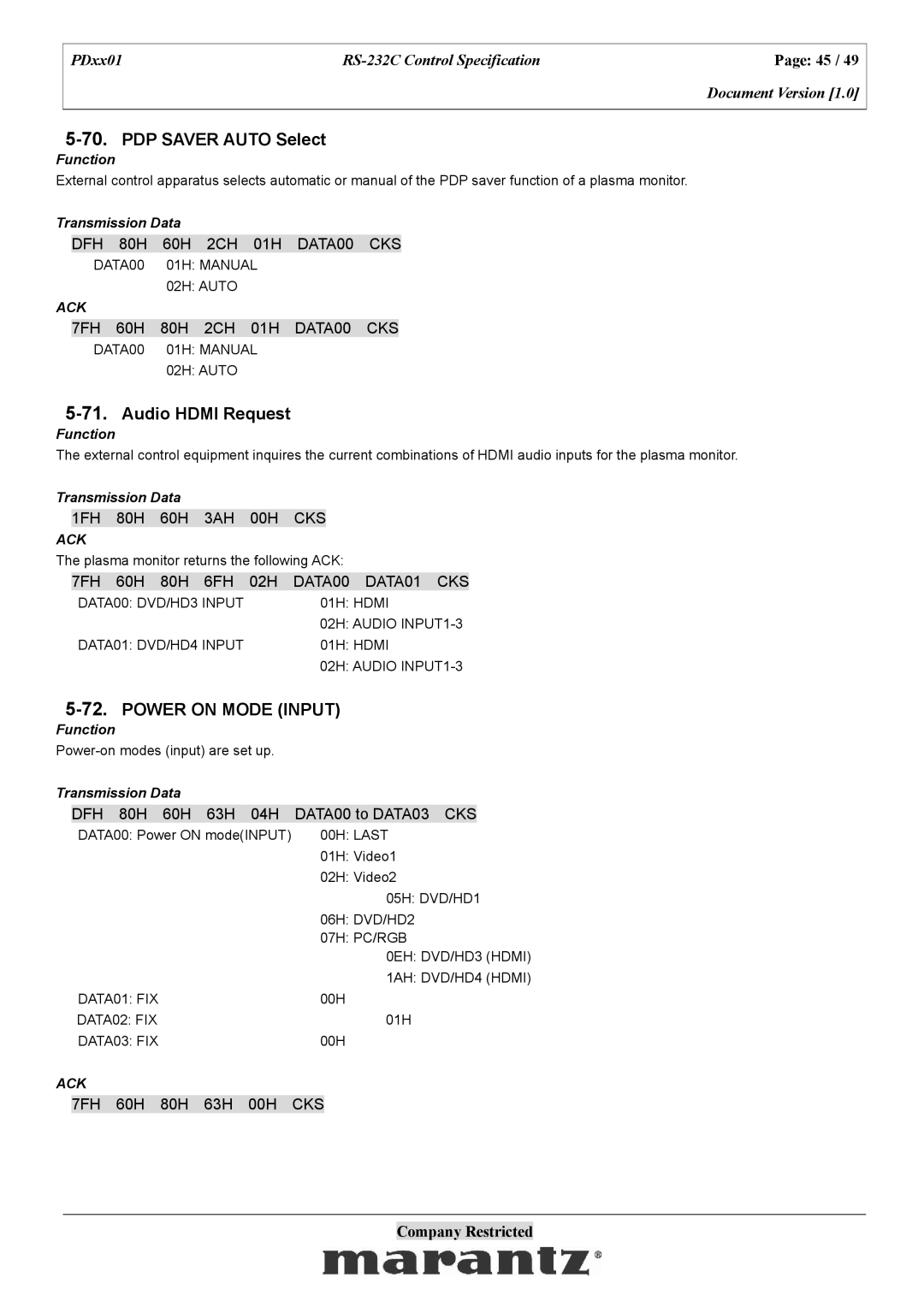 Marantz PDxx01 specifications PDP Saver Auto Select, Audio Hdmi Request, Power on Mode Input 