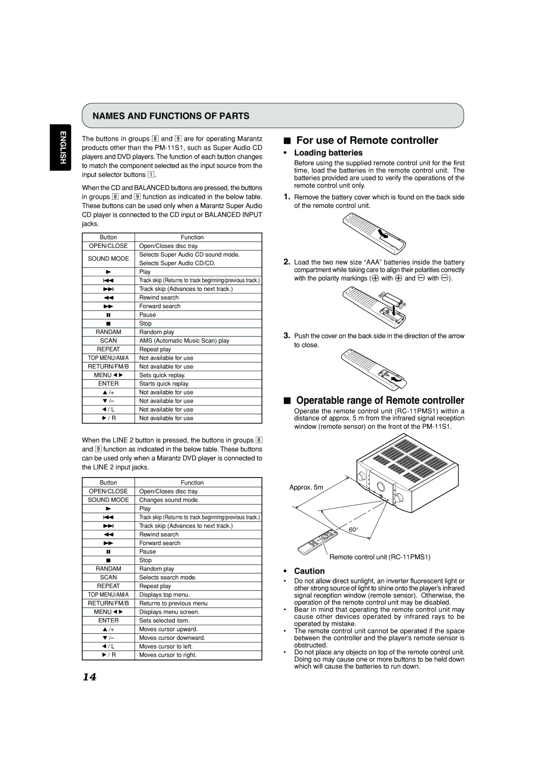 Marantz PM-11S1 manual For use of Remote controller, Operatable range of Remote controller, Loading batteries 