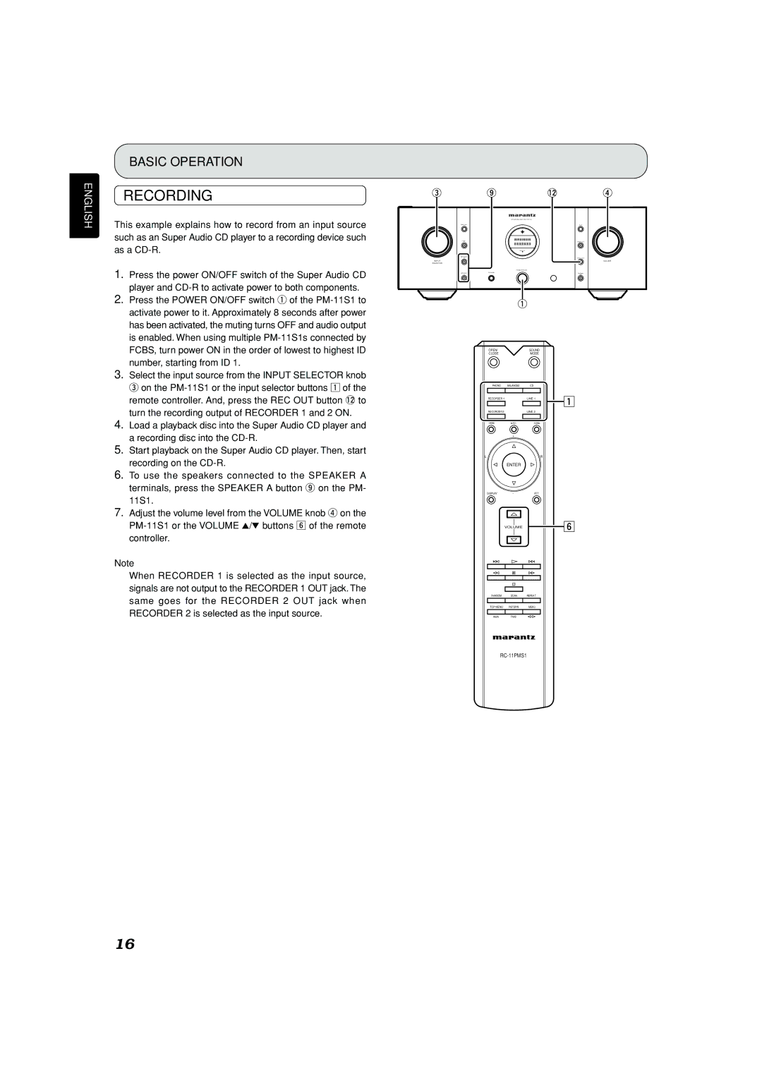 Marantz PM-11S1 manual Recording 