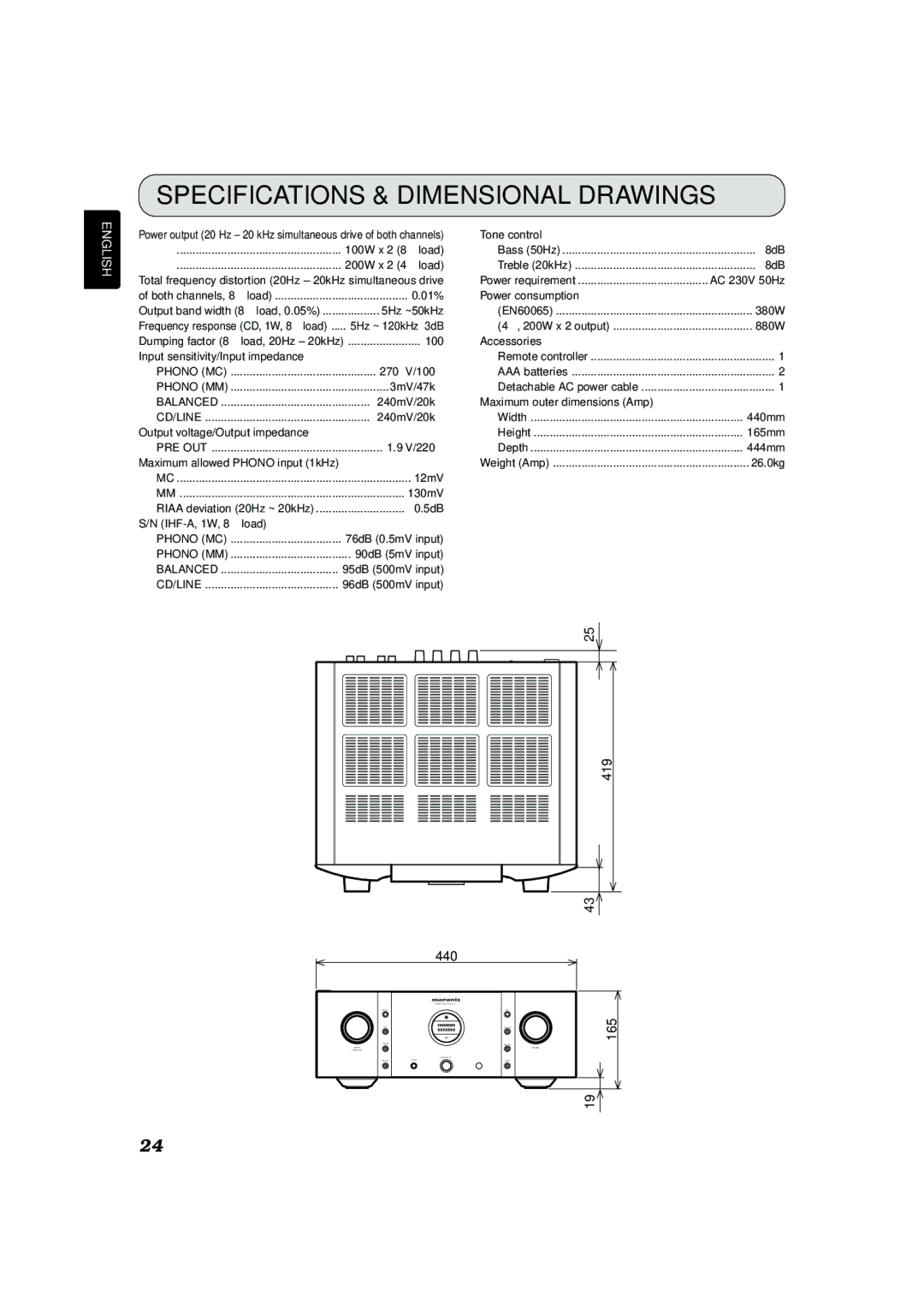 Marantz PM-11S1 manual Specifications & Dimensional Drawings 