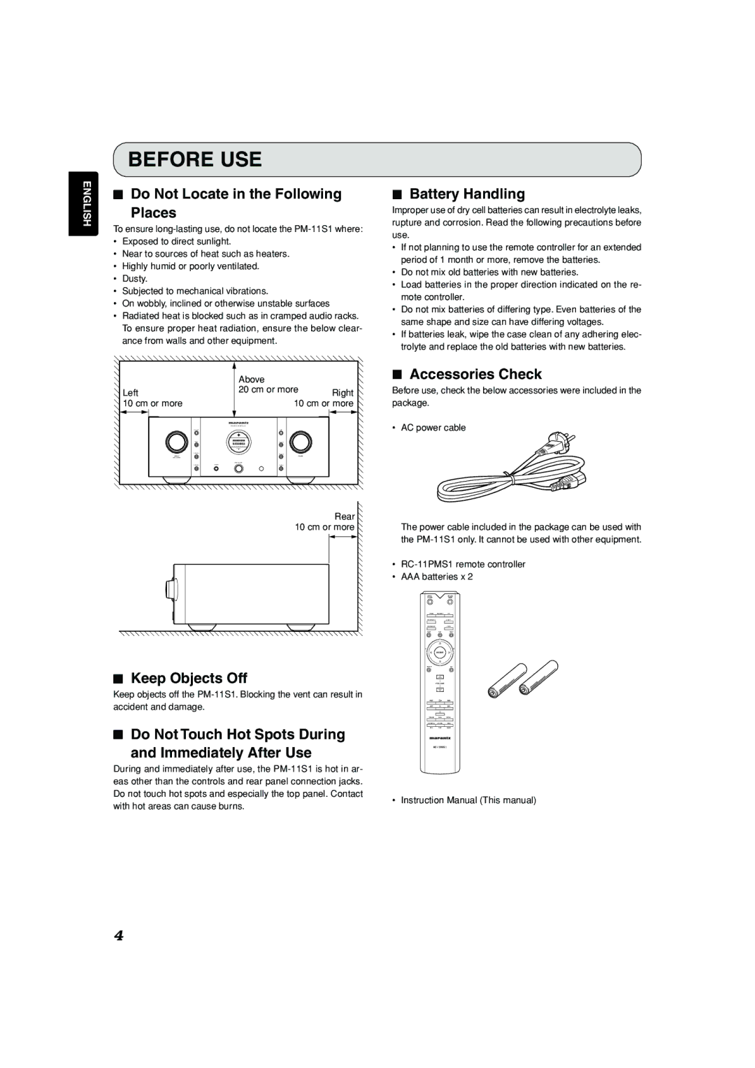 Marantz PM-11S1 manual Before USE 