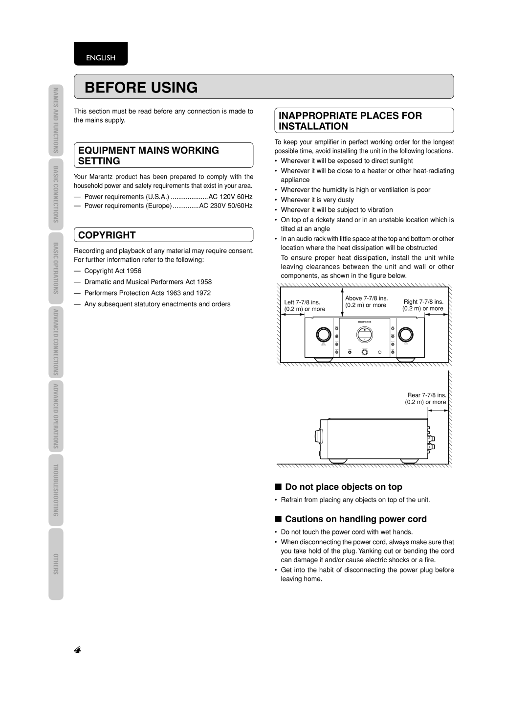 Marantz PM-11S2 manual Before Using, Equipment Mains Working Setting, Copyright, Inappropriate Places for Installation 