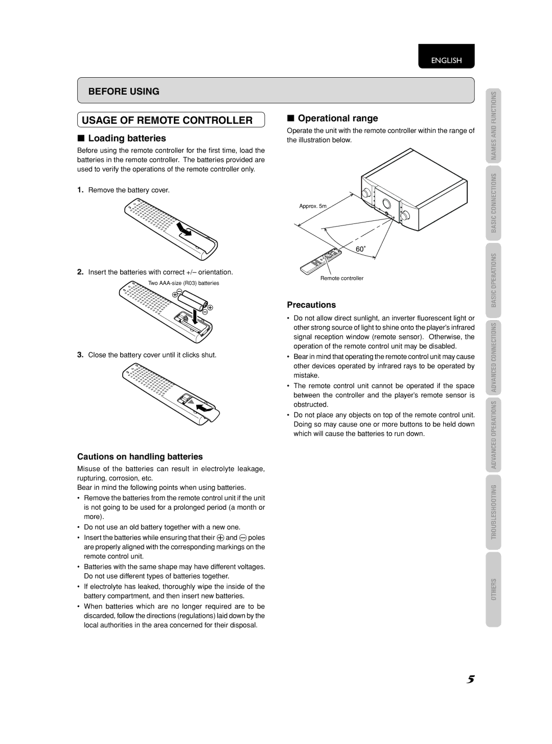 Marantz PM-11S2 manual Usage of Remote Controller, Loading batteries, Operational range, Precautions 