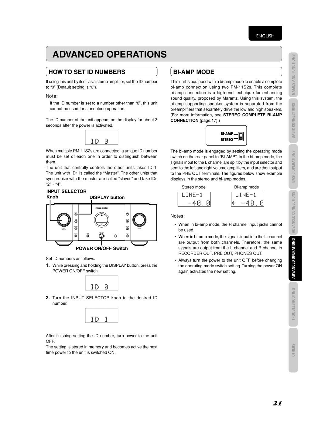 Marantz PM-11S2 manual HOW to SET ID Numbers, BI-AMP Mode 